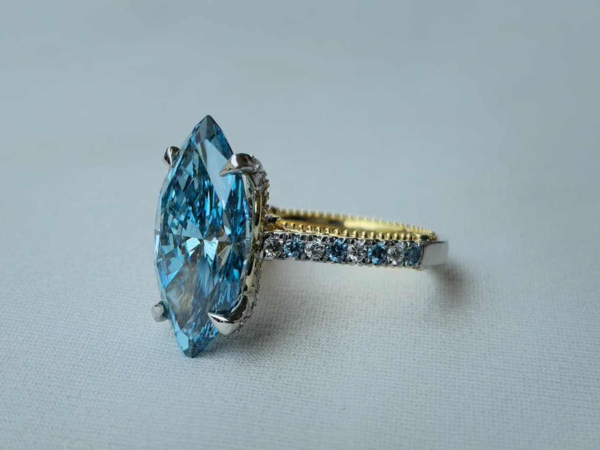 7.66ct Fancy Vivid Blue Brilliant Marquise 4Claw-Prongs Cathedral Multi-Color Stone White-Yellow 10kt Gold Ring