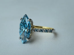 7.66ct Fancy Vivid Blue Brilliant Marquise 4Claw-Prongs Cathedral Multi-Color Stone White-Yellow 10kt Gold Ring