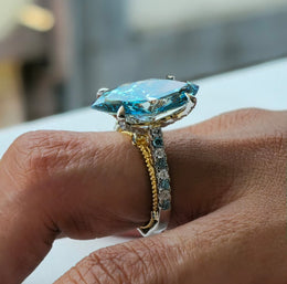 7.66ct Fancy Vivid Blue Brilliant Marquise 4Claw-Prongs Cathedral Multi-Color Stone White-Yellow 10kt Gold Ring