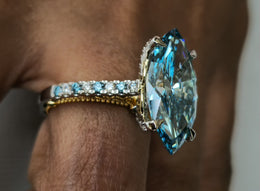 7.66ct Fancy Vivid Blue Brilliant Marquise 4Claw-Prongs Cathedral Multi-Color Stone White-Yellow 10kt Gold Ring