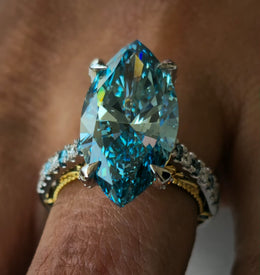 7.66ct Fancy Vivid Blue Brilliant Marquise 4Claw-Prongs Cathedral Multi-Color Stone White-Yellow 10kt Gold Ring