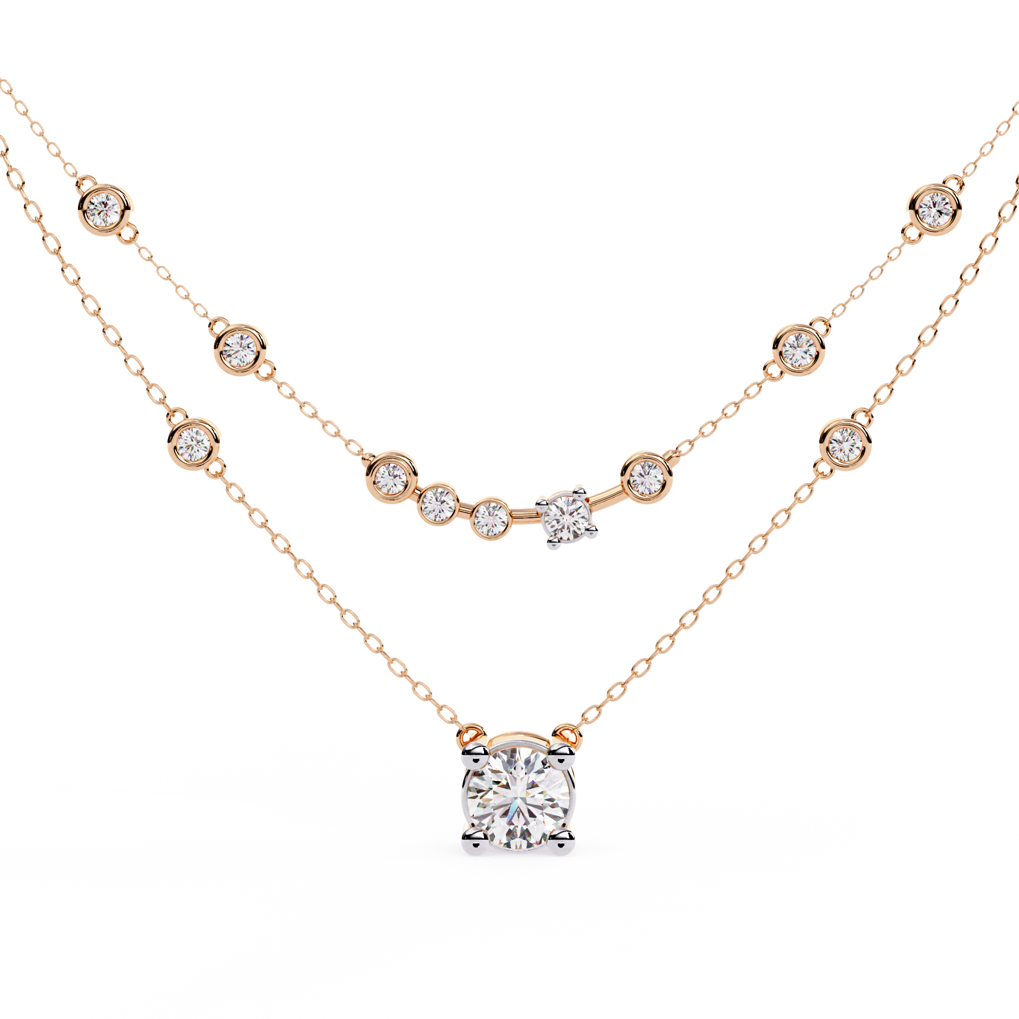 Double Layer Diamond Necklace with Lab Grown Round Solitaire Necklace - image 1