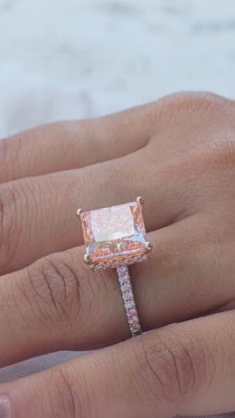 Fancy Vivid Pink Princess Cut All Lab Grown Diamond Hidden-Halo Cathedral Set 14kt-Gold Ring
